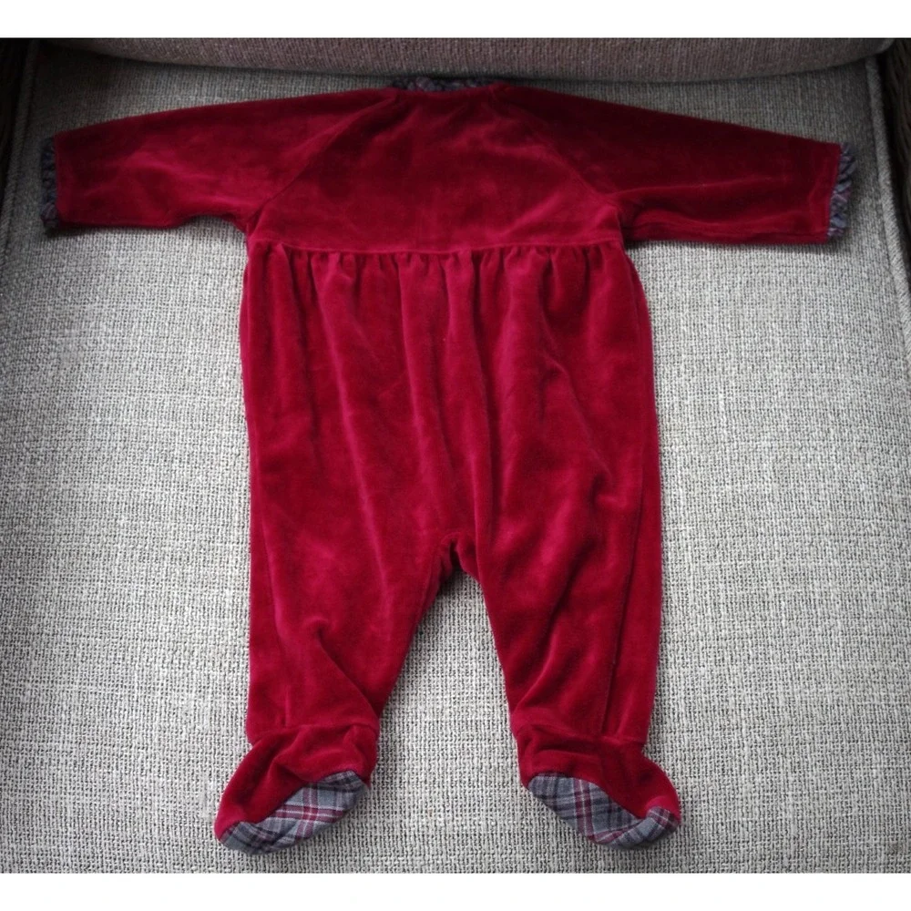 Nordstrom‎ Baby Girls Christmas Red Gray Plaid Velvet Sleeper 3 mos. EUC
